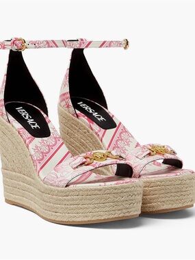 Versace Pink and Cream Patterned Espadrille Wedge Sandals